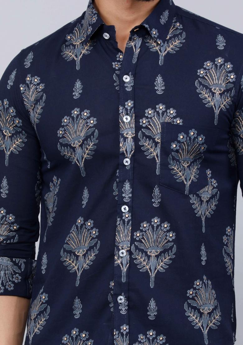 Blue Printed Cotton Shirt For Men
