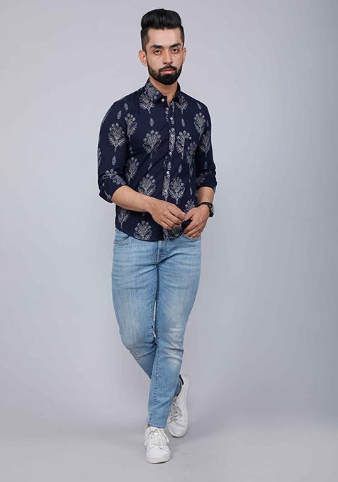Blue Printed Cotton Shirt For Men