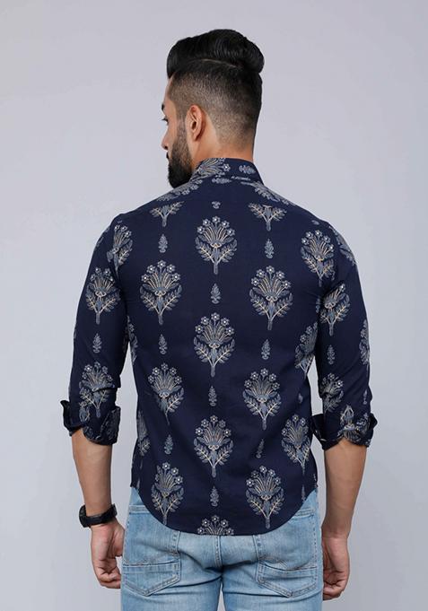 Blue Printed Cotton Shirt For Men