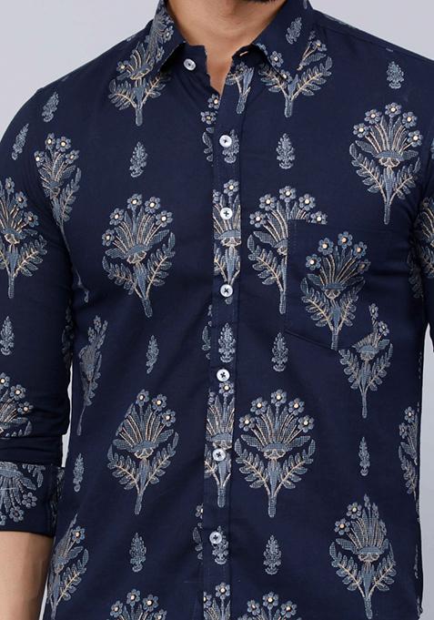 Blue Printed Cotton Shirt For Men