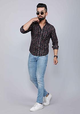 Black Printed Cotton Shirt For Men
