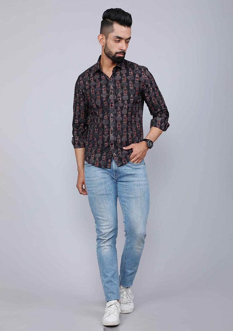 Black Printed Cotton Shirt For Men