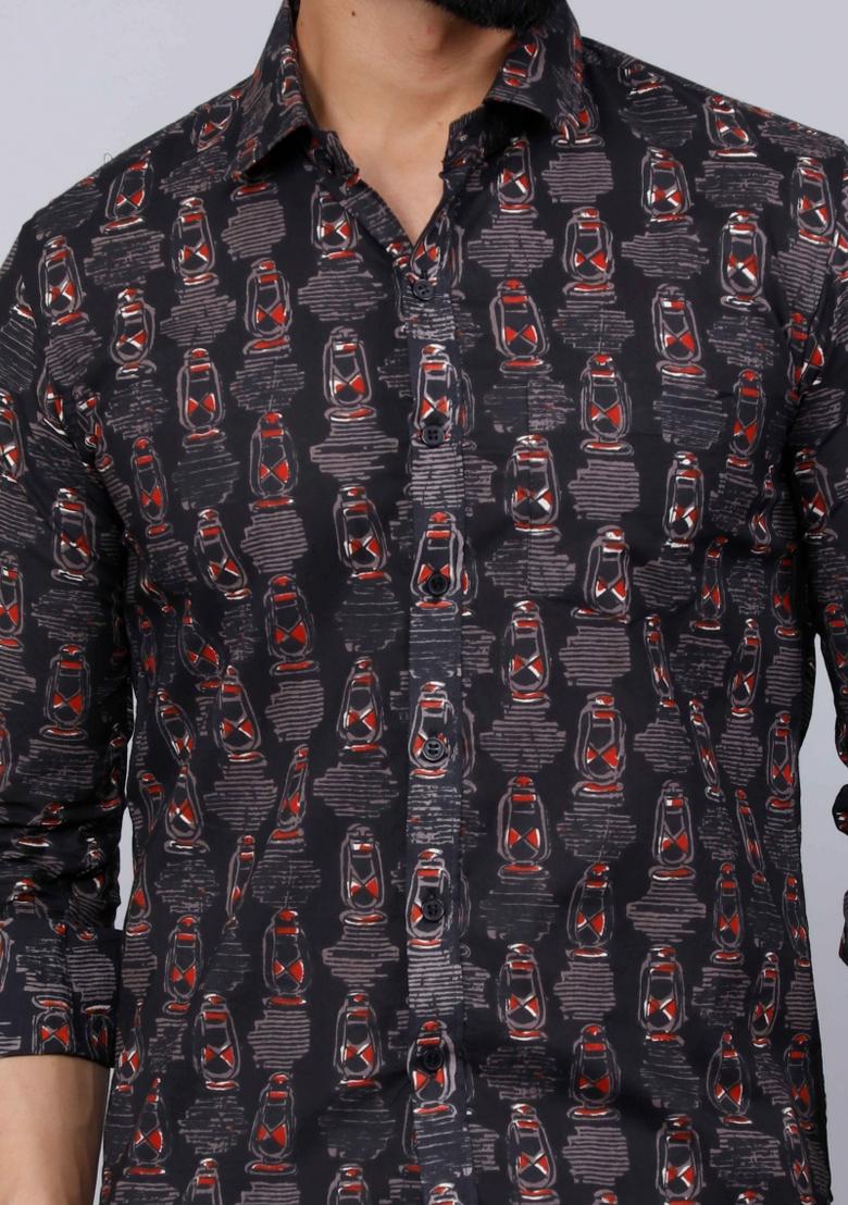 Black Printed Cotton Shirt For Men
