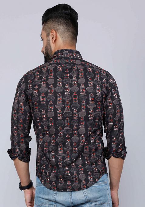 Black Printed Cotton Shirt For Men