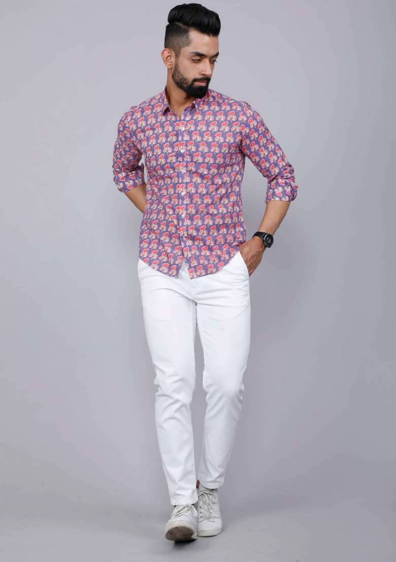 Purple Printed Cotton Shirt For Men - Indya