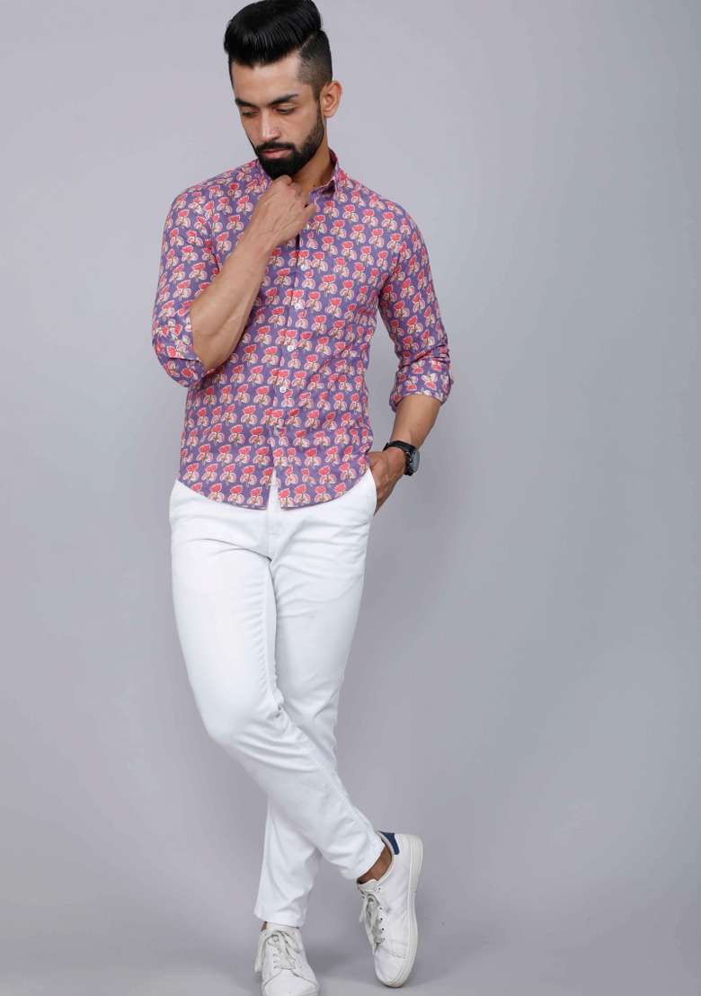Purple Printed Cotton Shirt For Men - Indya