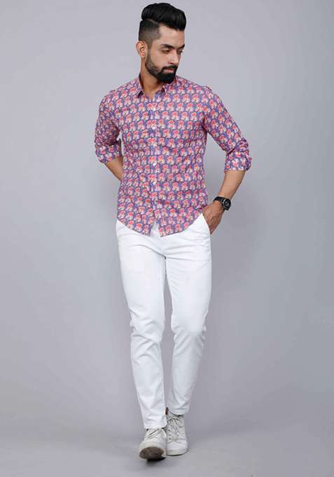 Purple Printed Cotton Shirt For Men