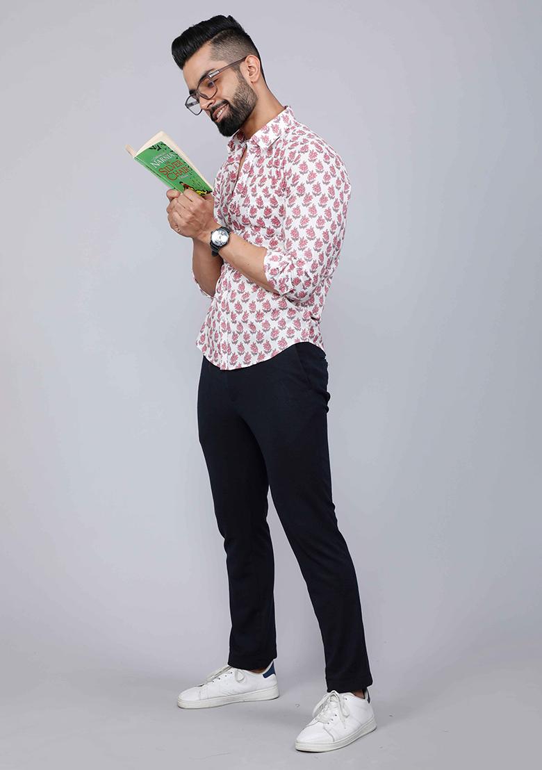 Pink Printed Cotton Shirt For Men