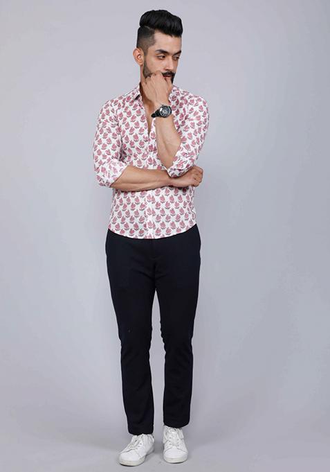 Pink Printed Cotton Shirt For Men