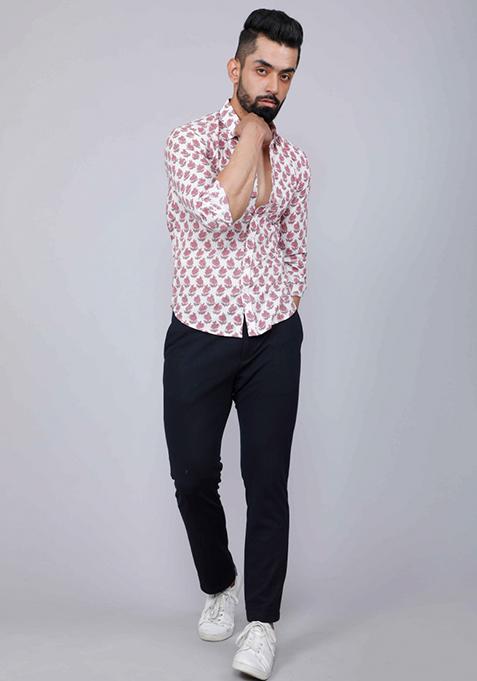 Pink Printed Cotton Shirt For Men