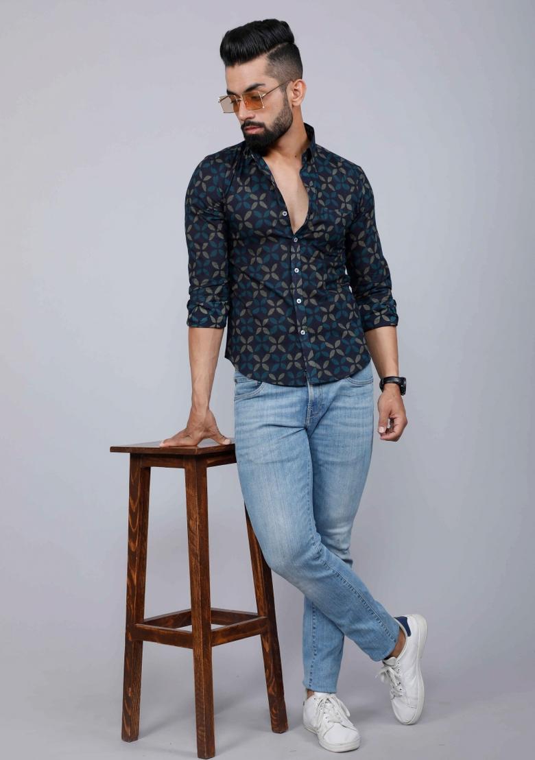 Blue Printed Cotton Shirt For Men