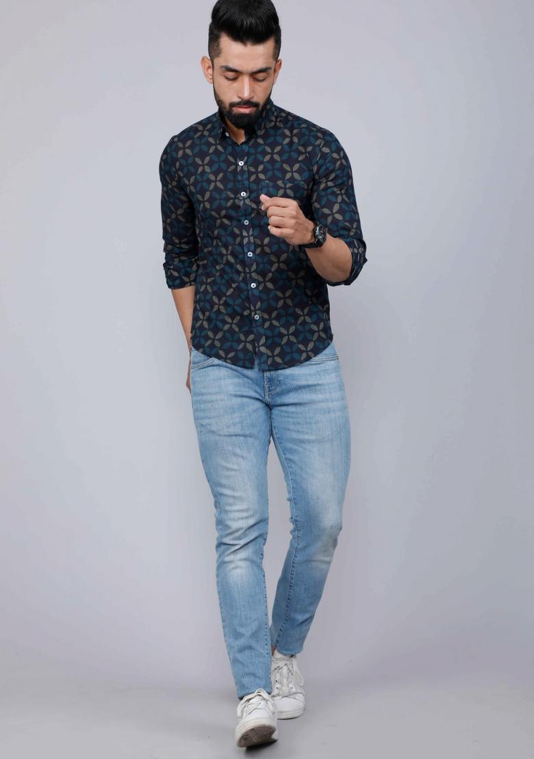 Blue Printed Cotton Shirt For Men