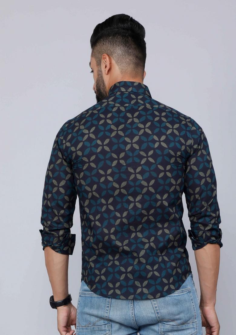 Blue Printed Cotton Shirt For Men