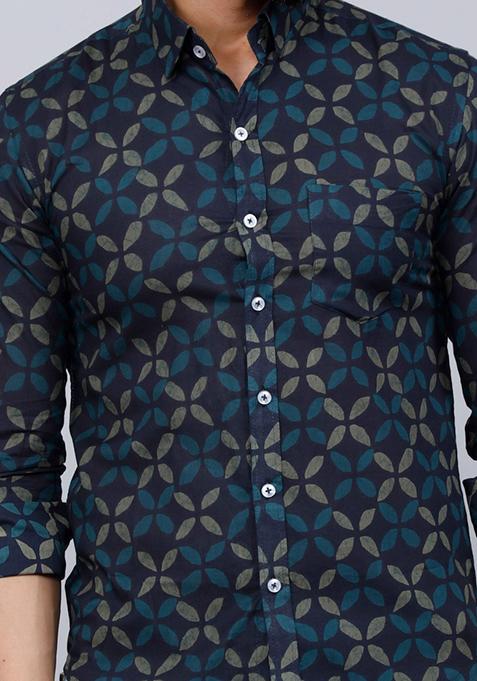 Blue Printed Cotton Shirt For Men