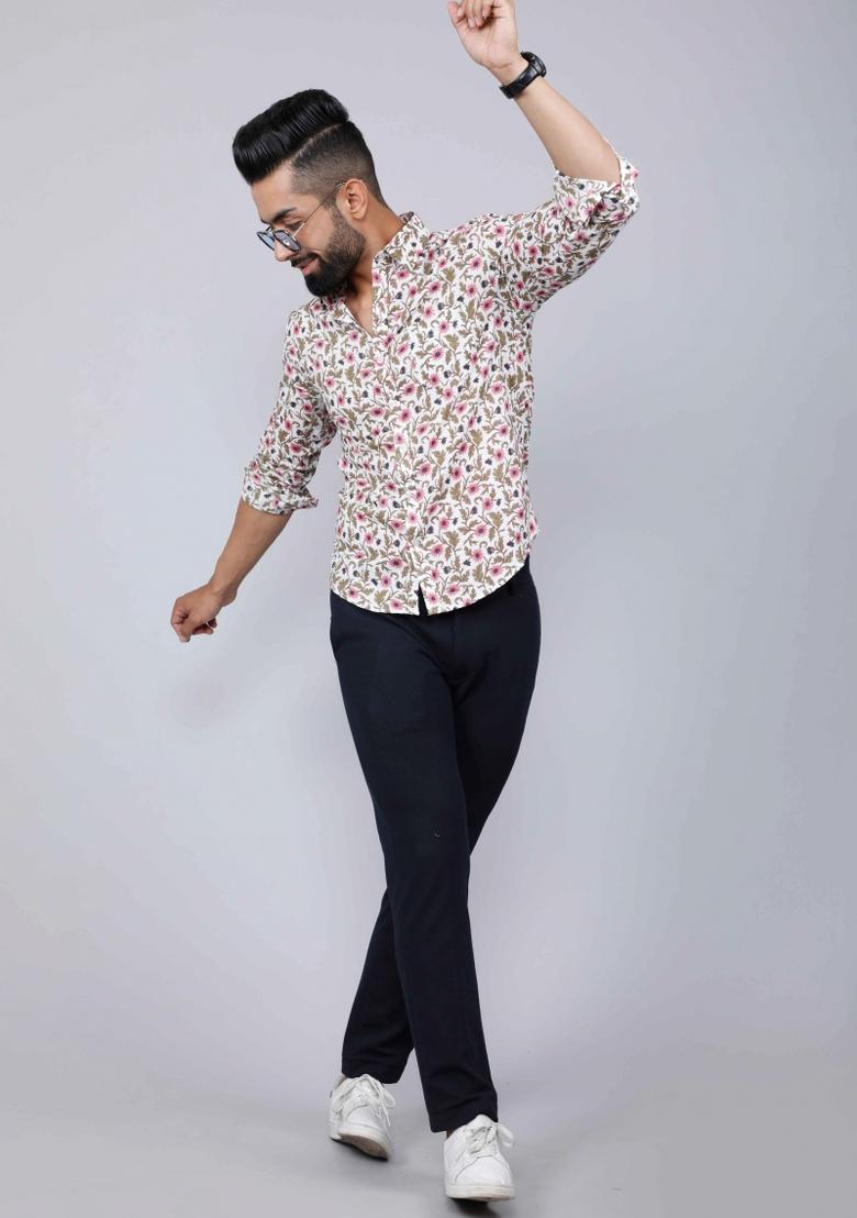 Pink Printed Cotton Shirt For Men