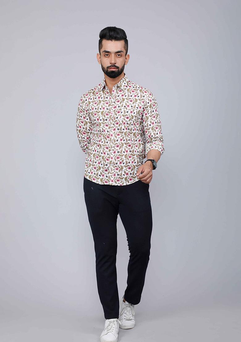 Pink Printed Cotton Shirt For Men