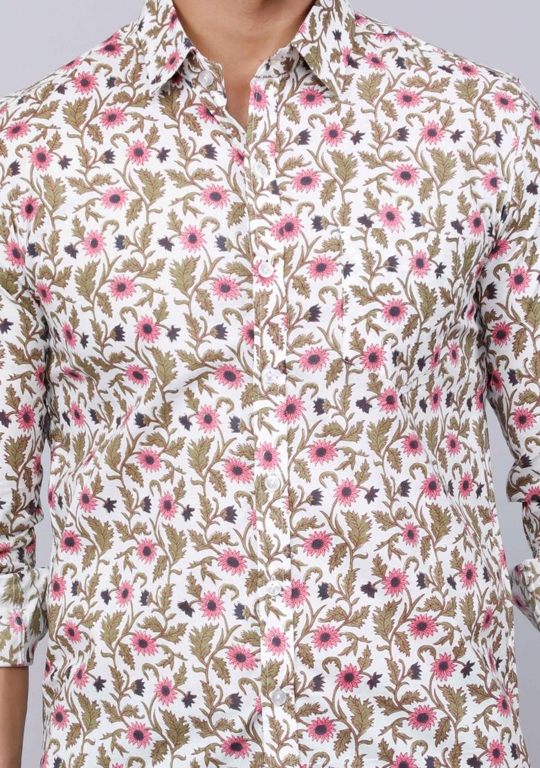 Pink Printed Cotton Shirt For Men
