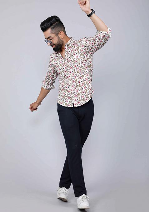 Pink Printed Cotton Shirt For Men