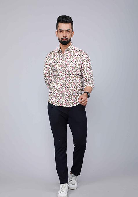Pink Printed Cotton Shirt For Men