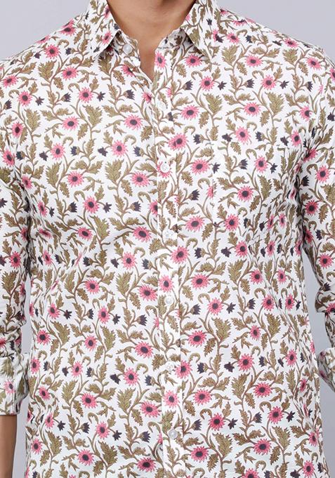 Pink Printed Cotton Shirt For Men