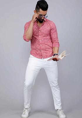 Pink Printed Cotton Shirt For Men