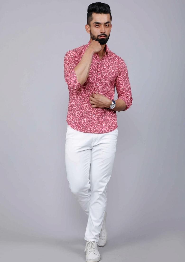 Pink Printed Cotton Shirt For Men