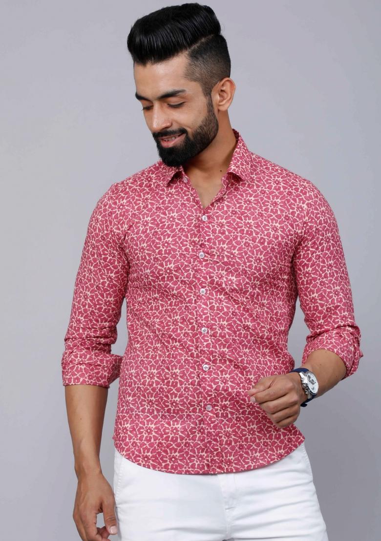 Pink Printed Cotton Shirt For Men