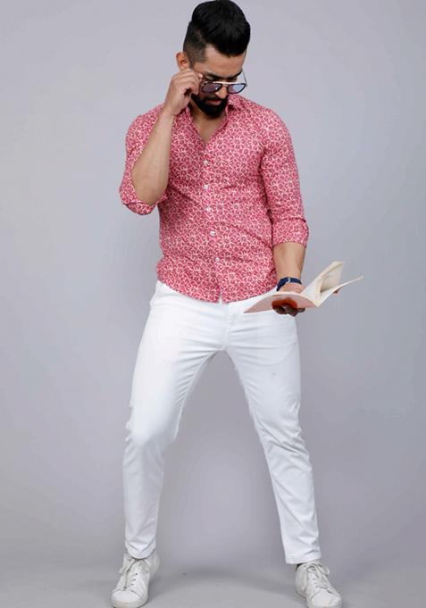 Pink Printed Cotton Shirt For Men