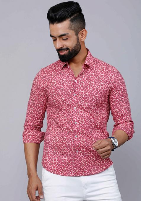 Pink Printed Cotton Shirt For Men