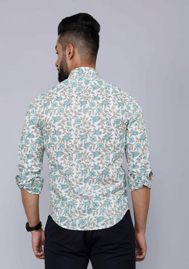 Green Printed Cotton Shirt For Men