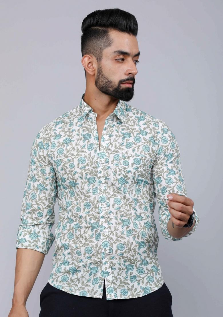 Green Printed Cotton Shirt For Men
