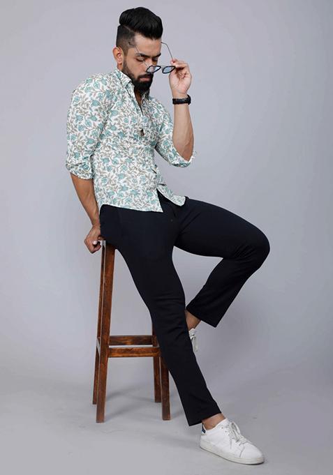 Green Printed Cotton Shirt For Men