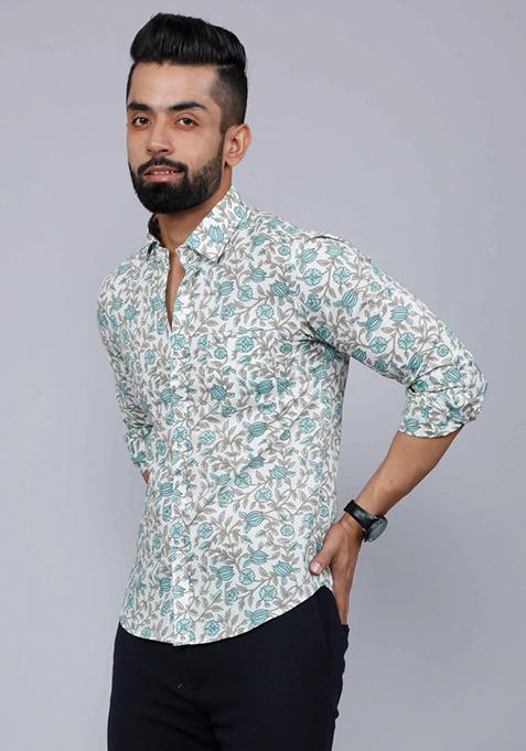 Green Printed Cotton Shirt For Men
