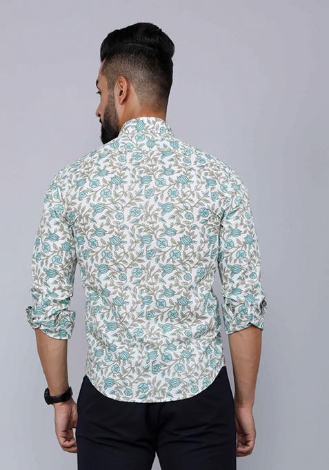 Green Printed Cotton Shirt For Men