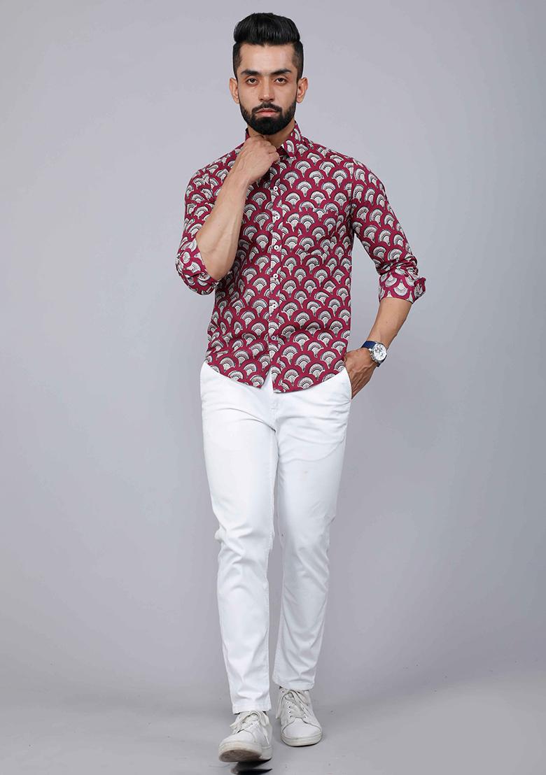 Maroon Printed Cotton Shirt For Men