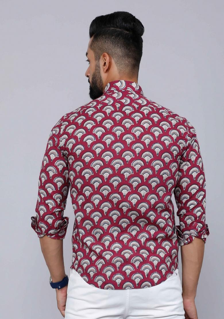 Maroon Printed Cotton Shirt For Men