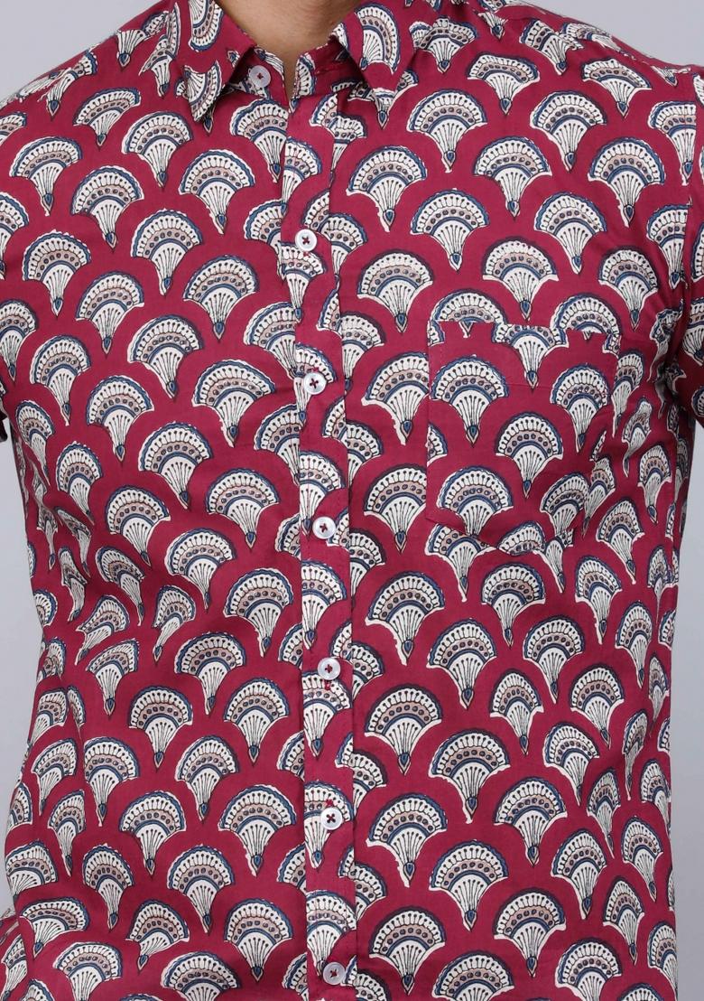 Maroon Printed Cotton Shirt For Men