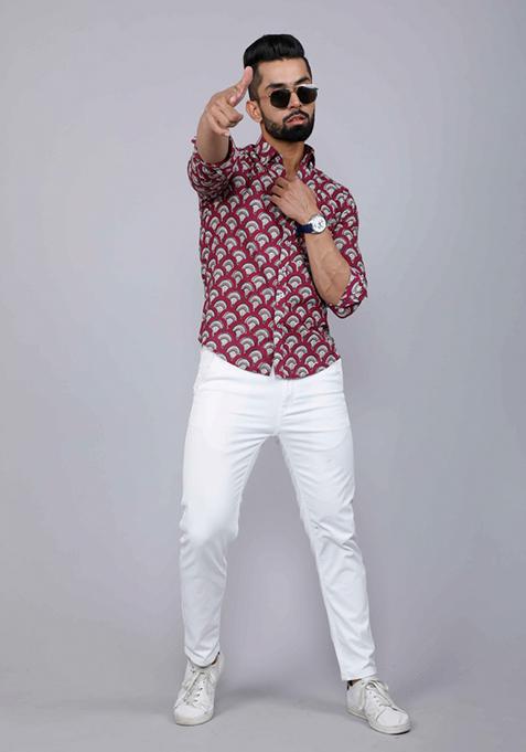 Maroon Printed Cotton Shirt For Men