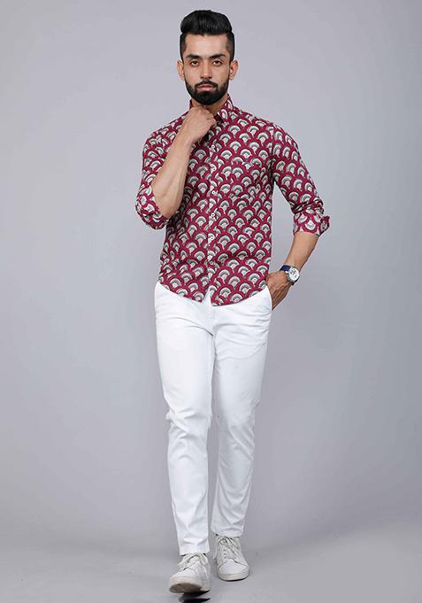 Maroon Printed Cotton Shirt For Men