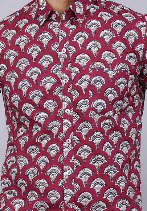 Maroon Printed Cotton Shirt For Men