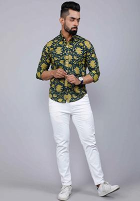 Green Printed Cotton Shirt For Men