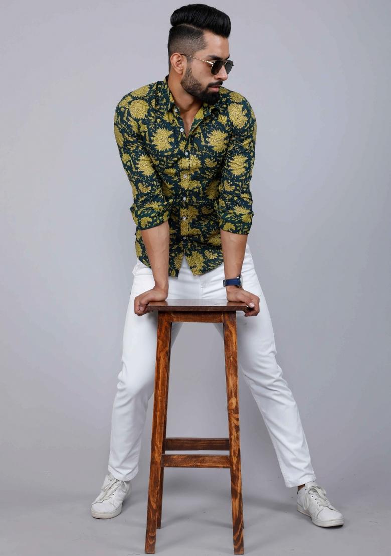 Green Printed Cotton Shirt For Men