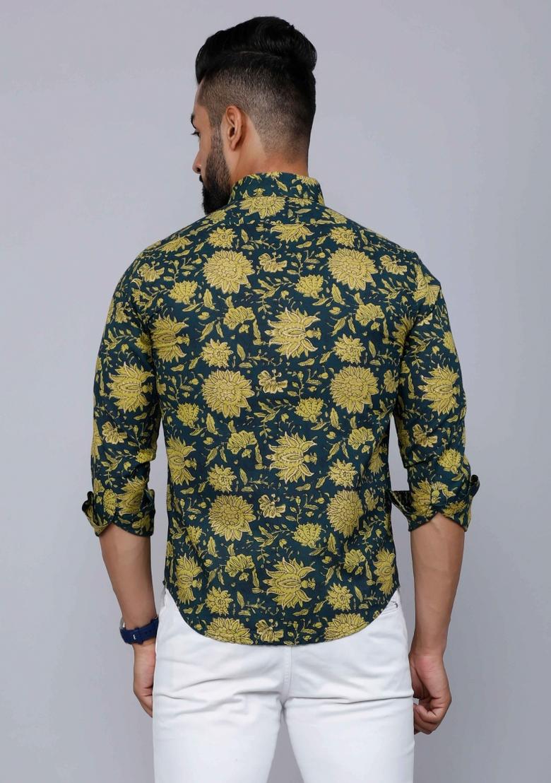 Green Printed Cotton Shirt For Men