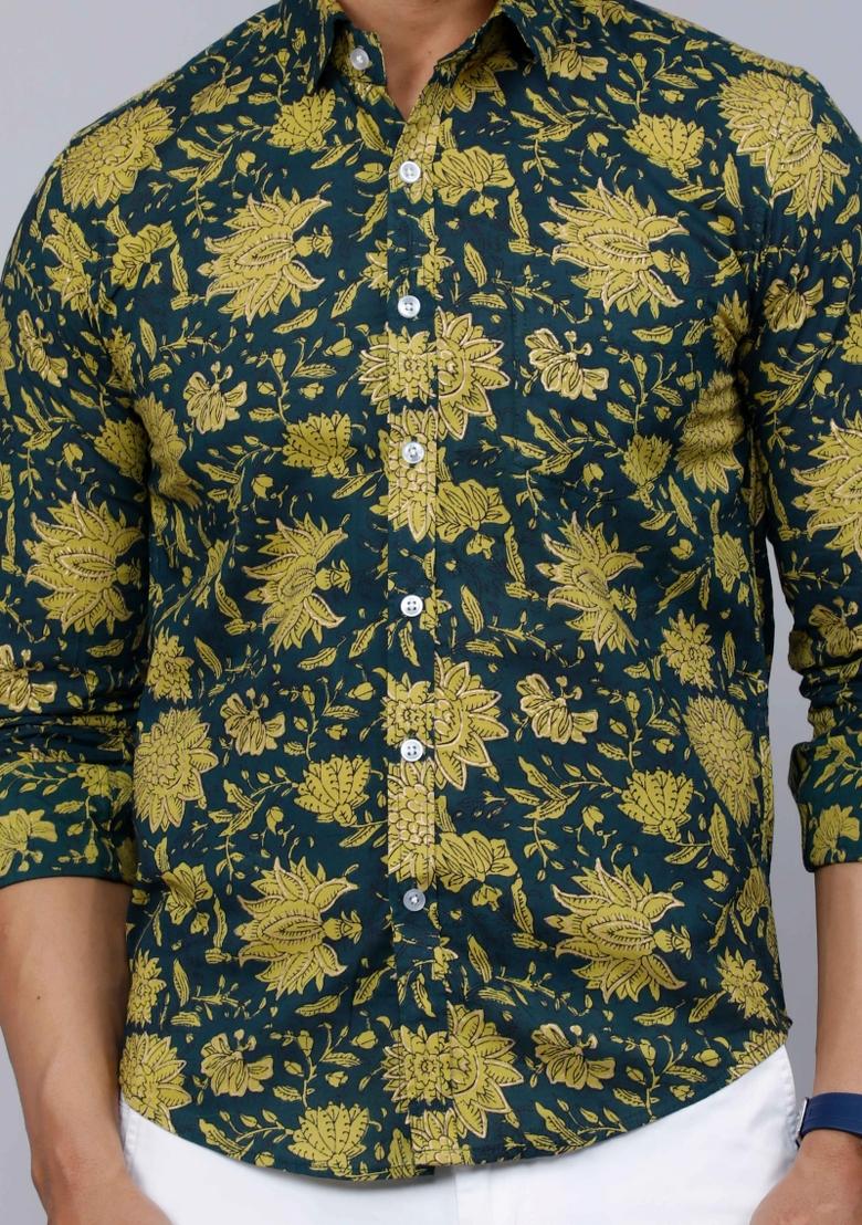 Green Printed Cotton Shirt For Men