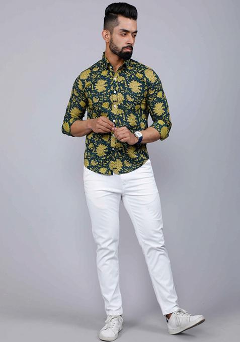 Green Printed Cotton Shirt For Men