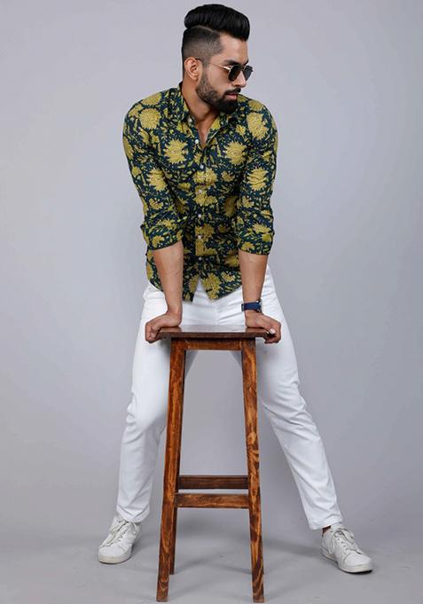 Green Printed Cotton Shirt For Men