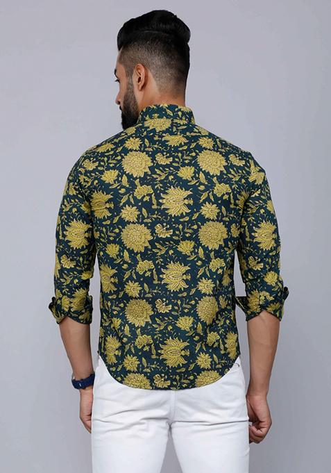 Green Printed Cotton Shirt For Men