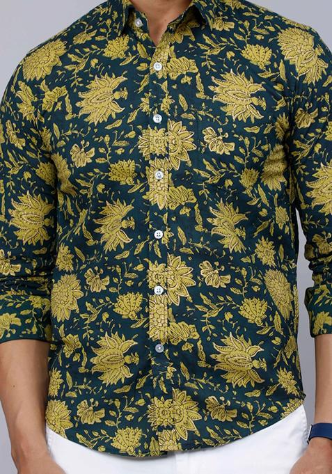 Green Printed Cotton Shirt For Men