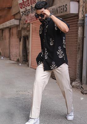 Green Printed Cotton Shirt For Men