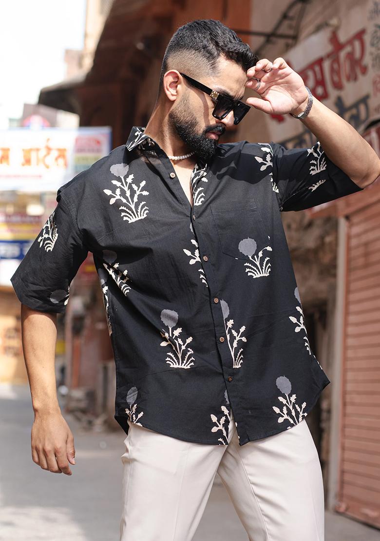 Green Printed Cotton Shirt For Men